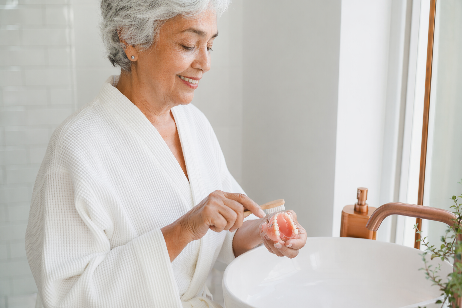 How do I store dentures overnight?